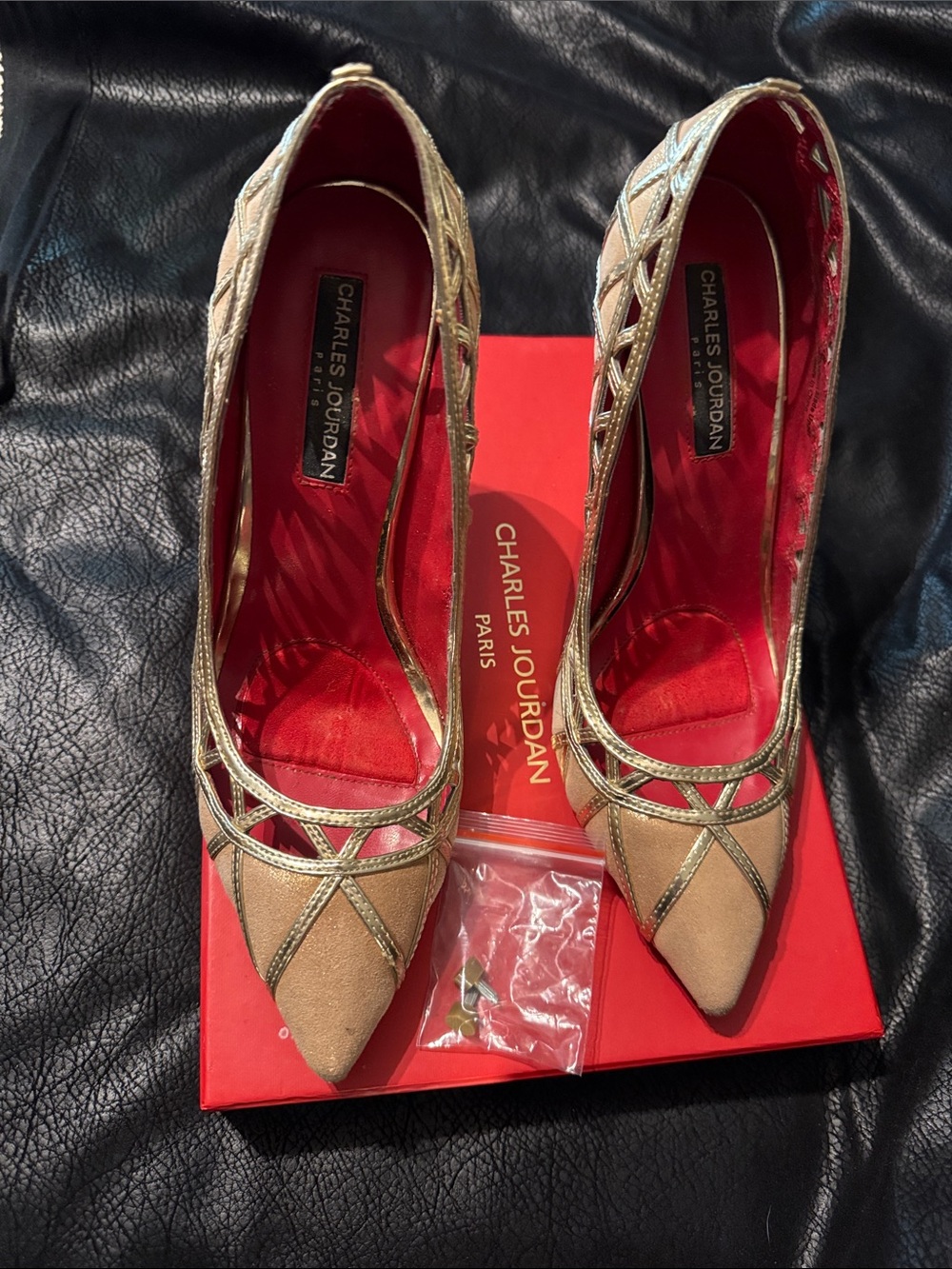 Charles Jourdan Gold & Tan Pointed-Toe Cutout Pumps